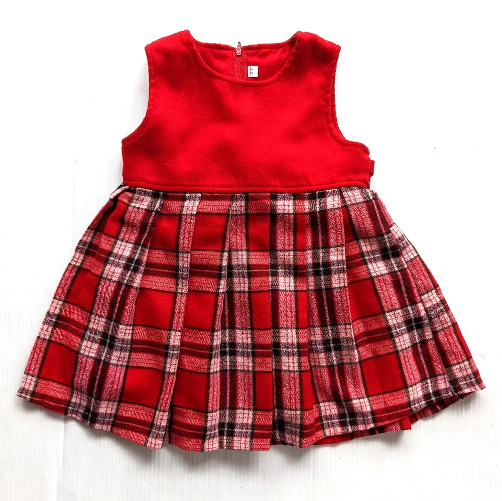 VINTAGE toddler girls red Christmas plaid pleated overall pinafore dress